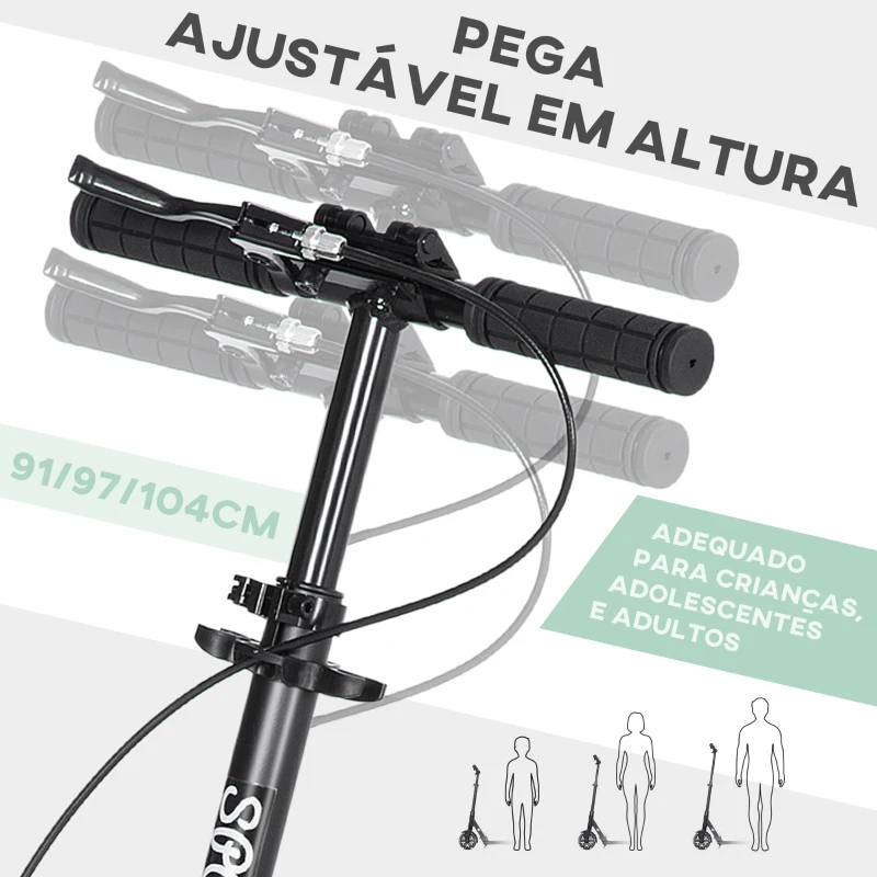 HOMCOM Trotinete Dobrável com Guiador Ajustável Rodas Grandes de 200mm Amortecimento e Travão Carga Máxima 100kg 91,5x36,5x91-104cm Verde