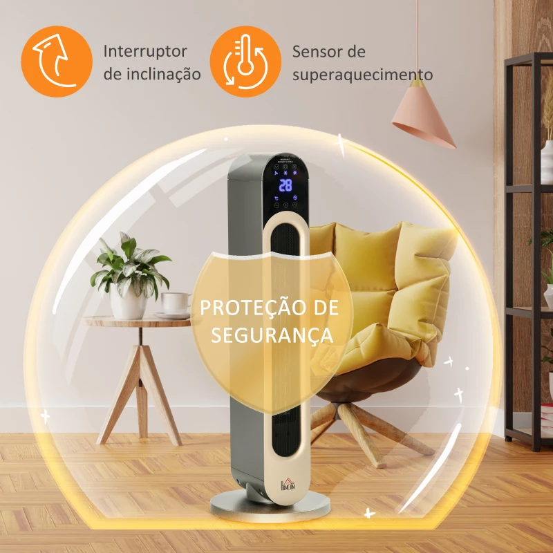 HOMCOM Aquecedor Cerâmico de Torre 1100/2200W com Controlo Remoto Ecrã LED Temporizador de 12h Termostato 3 Modos Ø25x73,5 cm Prata
