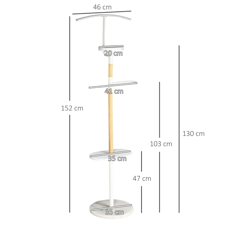 HOMCOM Cabide de Pé Cabide para Casacos com 2 Barras para Pendurar 2 Prateleiras de Armazenamento e Base de Mármore 46x35x152cm Branco