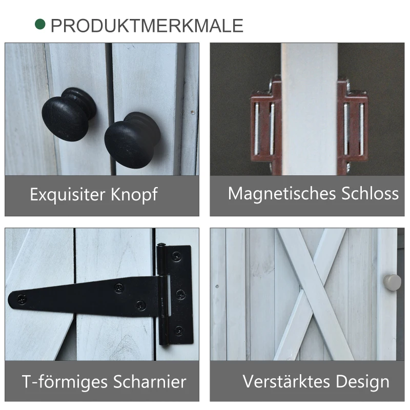 Outsunny Gartenschrank Holz, Geräteschuppen wetterfest 110 x 55 x 117 cm, Gerätehaus mit Tür, Pultdach, Ablagen, Geräteschrank, Gartenhaus Werkzeugschrank Gartenschuppen für Garten Terrasse Grau