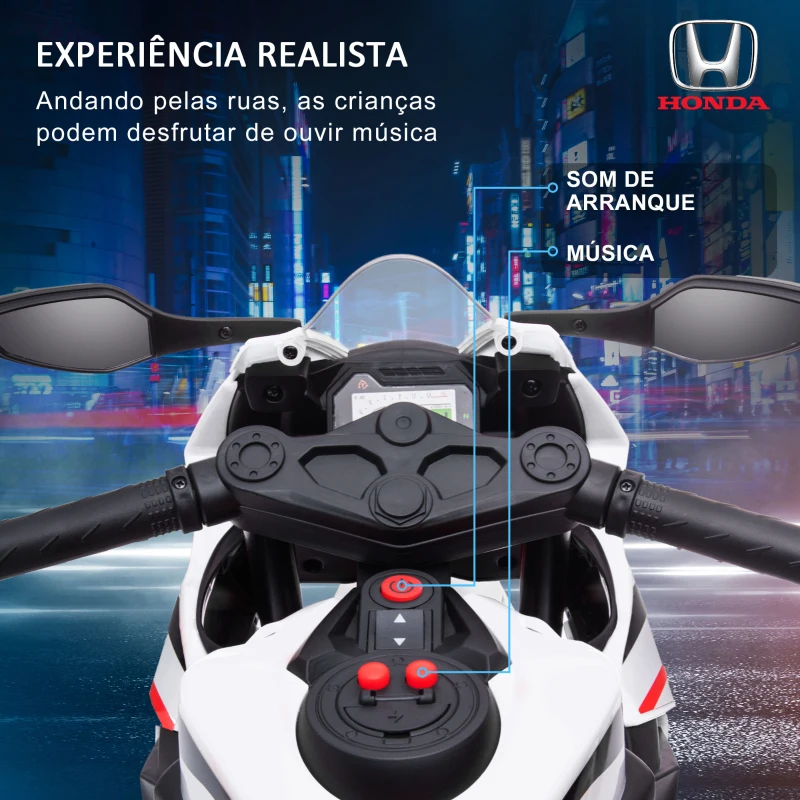 HOMCOM Mota Elétrica com Licença HONDA para Crianças de 3-5 Anos Mota a Bateria 6V com Farol Buzina Música 90x44x52cm Branco