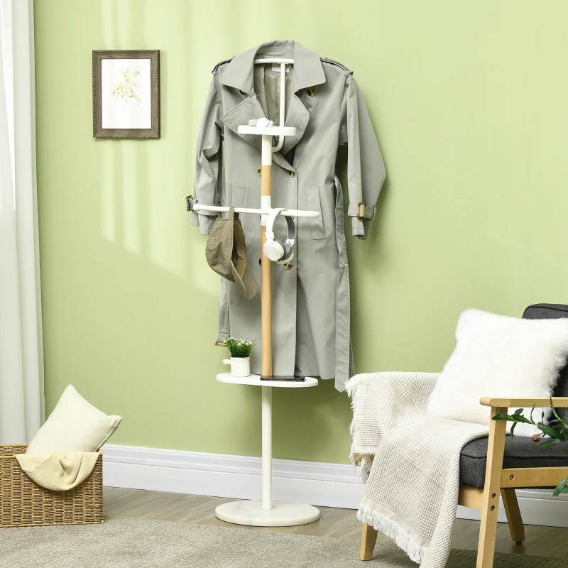 HOMCOM Cabide de Pé Cabide para Casacos com 2 Barras para Pendurar 2 Prateleiras de Armazenamento e Base de Mármore 46x35x152cm Branco