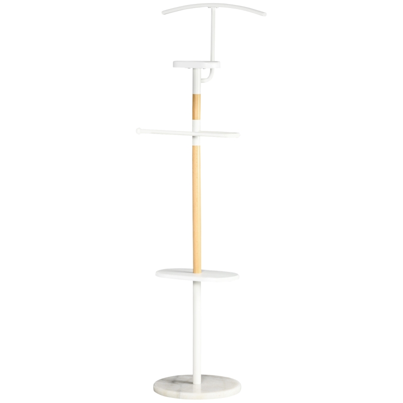 HOMCOM Cabide de Pé Cabide para Casacos com 2 Barras para Pendurar 2 Prateleiras de Armazenamento e Base de Mármore 46x35x152cm Branco
