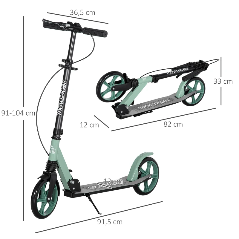 HOMCOM Trotinete Dobrável com Guiador Ajustável Rodas Grandes de 200mm Amortecimento e Travão Carga Máxima 100kg 91,5x36,5x91-104cm Verde