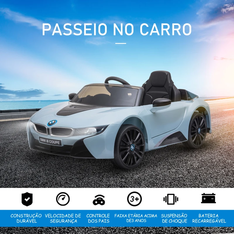 HOMCOM Carro Elétrico BMW I8 COUPE para Crianças com Bateria 6V Controlo Remoto e Manual Música MP3 e Faróis 115x72,5x46 cm Azul