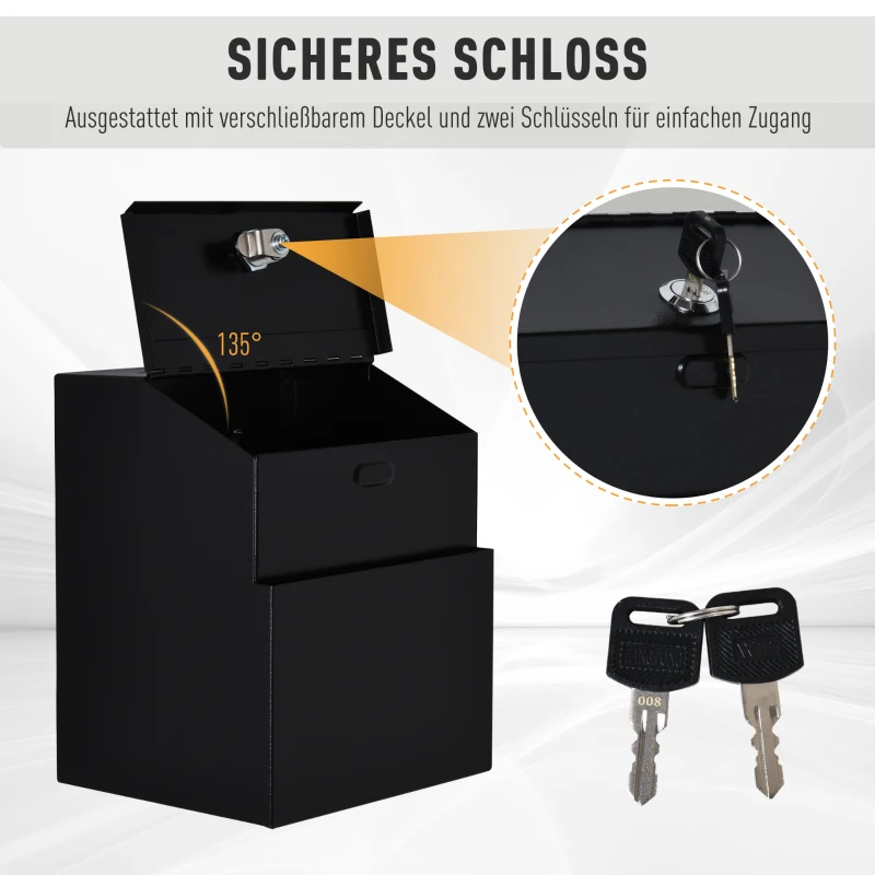 HOMCOM Vorschlagsbox Spendenbox Briefkasten zur Wandmontage Mailbox aus Stahl mit Schloss Sammelbox Schlüsselbox Schwarz 15 x 18 x 22 cm