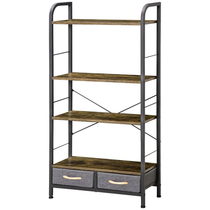 HOMCOM Mobile Libreria con 4 Scaffali e 2 Cassetti in Truciolato, Acciaio e Tessuto Effetto Lino, 64x27.5x121 cm