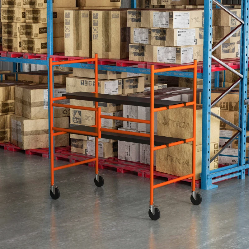 HOMCOM Arbeitsgerüst mobiles Gerüst Treppenleiter Leiter mit Feststellrädern Verstellbare Arbeitsplattform tragbar zusammenklappbare Leiterhocker Stahl Schwarz+Orange 105 x 59 x 117 cm