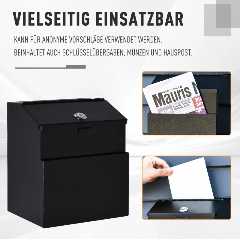 HOMCOM Vorschlagsbox Spendenbox Briefkasten zur Wandmontage Mailbox aus Stahl mit Schloss Sammelbox Schlüsselbox Schwarz 15 x 18 x 22 cm