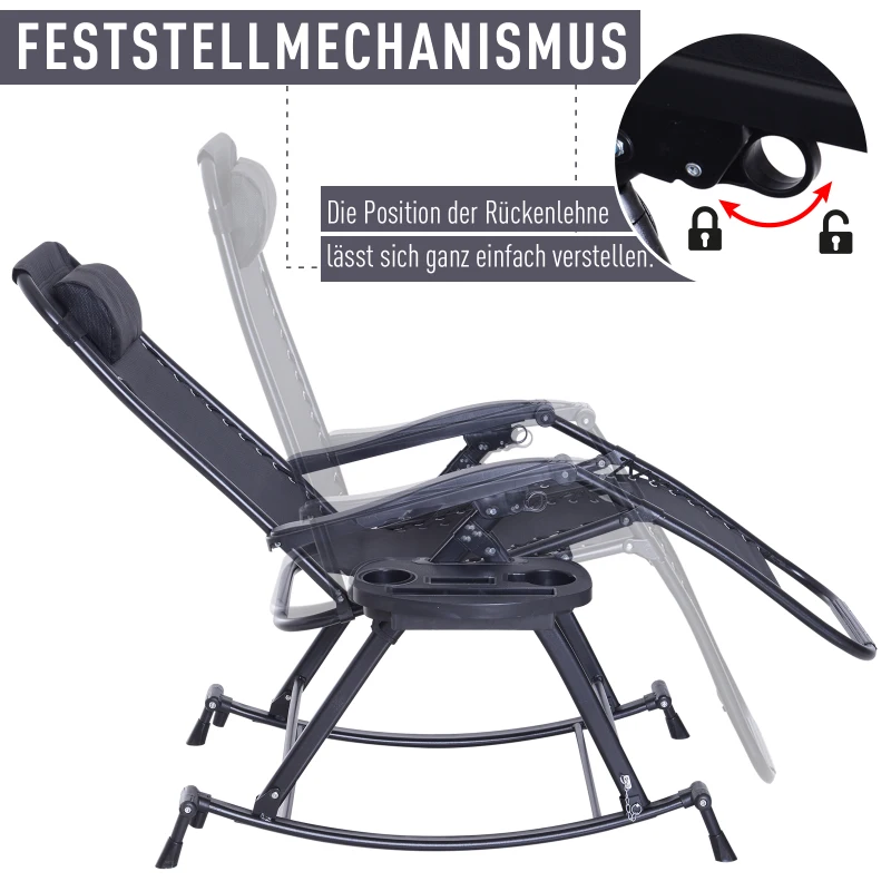 Outsunny Schaukelstuhl Schaukelliege Gartenliege Schwingsessel faltbar Rückenlehne verstellbar mit Kopfkissen Getränkehalter Stahl + Texteline Schwarz bis 120 kg