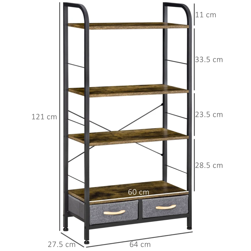 HOMCOM Mobile Libreria con 4 Scaffali e 2 Cassetti in Truciolato, Acciaio e Tessuto Effetto Lino, 64x27.5x121 cm