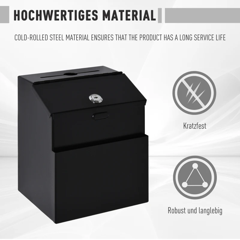 HOMCOM Vorschlagsbox Spendenbox Briefkasten zur Wandmontage Mailbox aus Stahl mit Schloss Sammelbox Schlüsselbox Schwarz 15 x 18 x 22 cm