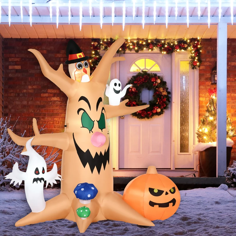 HOMCOM 8ft Inflatable Halloween Haunted Tree with Jack-o-lantern, Ghosts and Owl, Blow-Up Outdoor LED Display with Rotating Colourful Light for Garden, Party, Holiday