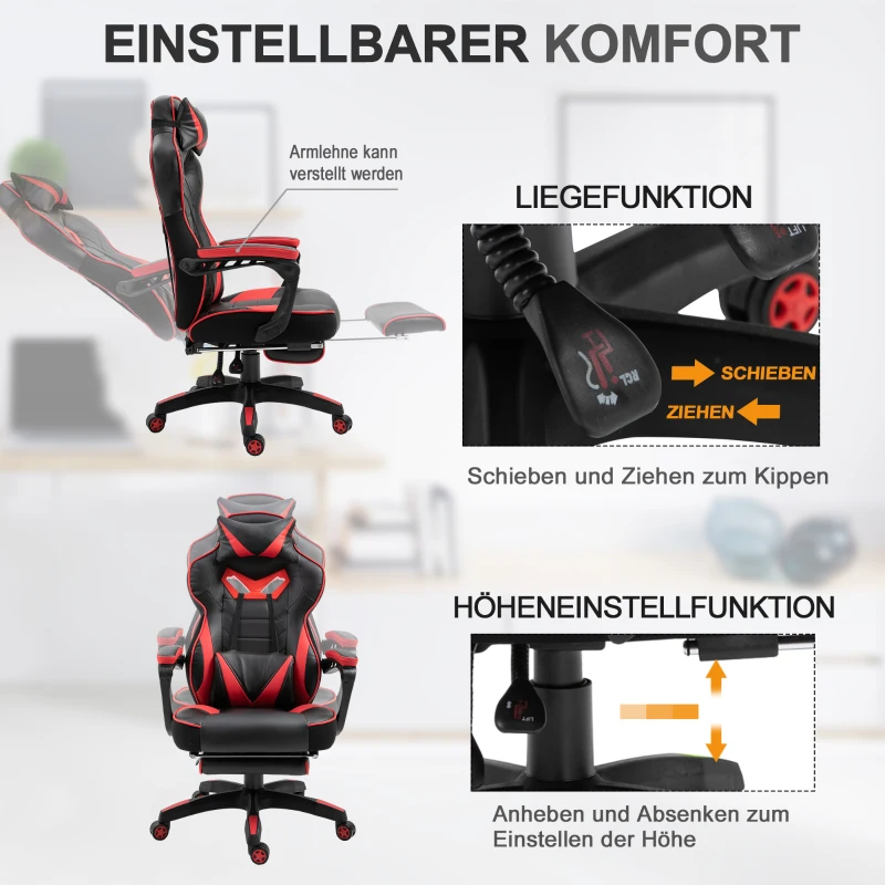 Vinsetto Ergonomische Gamingstoel met Racestijl - Uitschuifbare Voetsteun, Zwart+Rood