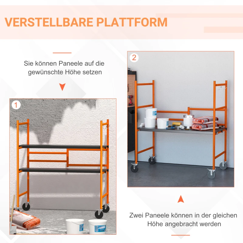 HOMCOM Arbeitsgerüst mobiles Gerüst Treppenleiter Leiter mit Feststellrädern Verstellbare Arbeitsplattform tragbar zusammenklappbare Leiterhocker Stahl Schwarz+Orange 105 x 59 x 117 cm