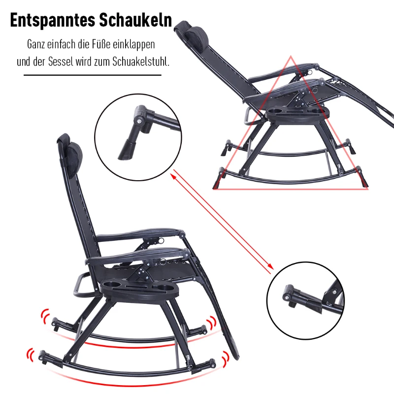 Outsunny Schaukelstuhl Schaukelliege Gartenliege Schwingsessel faltbar Rückenlehne verstellbar mit Kopfkissen Getränkehalter Stahl + Texteline Schwarz bis 120 kg