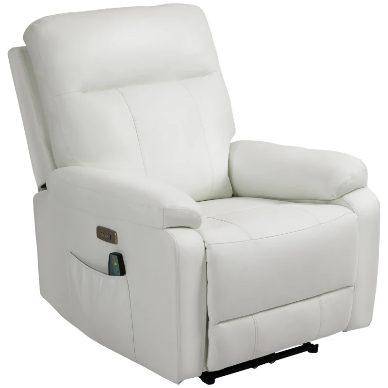 HOMCOM Poltrona Relax Massaggiante Reclinabile fino a 150° con 8 Punti e Tasche Laterali, Telecomando e Porta USB Inclusa, in Microfibra e Acciaio, 80x96x97cm, Bianca