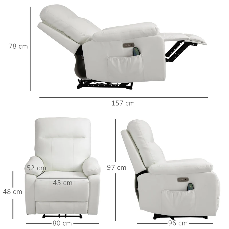 HOMCOM Poltrona Relax Massaggiante Reclinabile fino a 150° con 8 Punti e Tasche Laterali, Telecomando e Porta USB Inclusa, in Microfibra e Acciaio, 80x96x97cm, Bianca