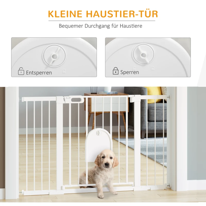 Bramka ochronna PawHut barierka ochronna na schody psy barierka zabezpieczająca dla zwierząt domowych barierka dla psa mocowanie zaciskowe metal ABS kolor biały 75-131 x 76 cm