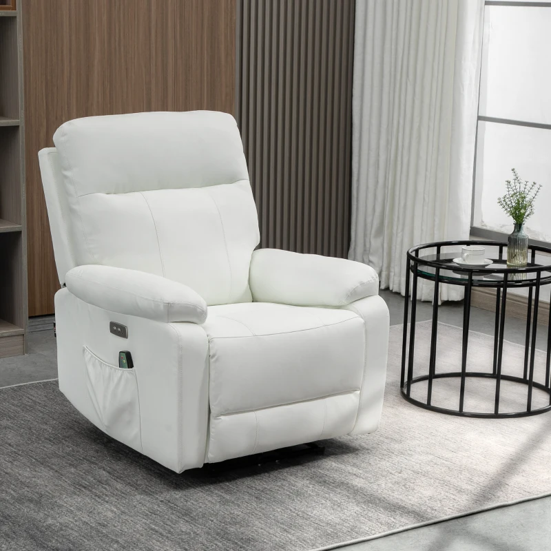 HOMCOM Poltrona Relax Massaggiante Reclinabile fino a 150° con 8 Punti e Tasche Laterali, Telecomando e Porta USB Inclusa, in Microfibra e Acciaio, 80x96x97cm, Bianca
