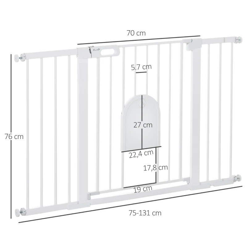Bramka ochronna PawHut barierka ochronna na schody psy barierka zabezpieczająca dla zwierząt domowych barierka dla psa mocowanie zaciskowe metal ABS kolor biały 75-131 x 76 cm