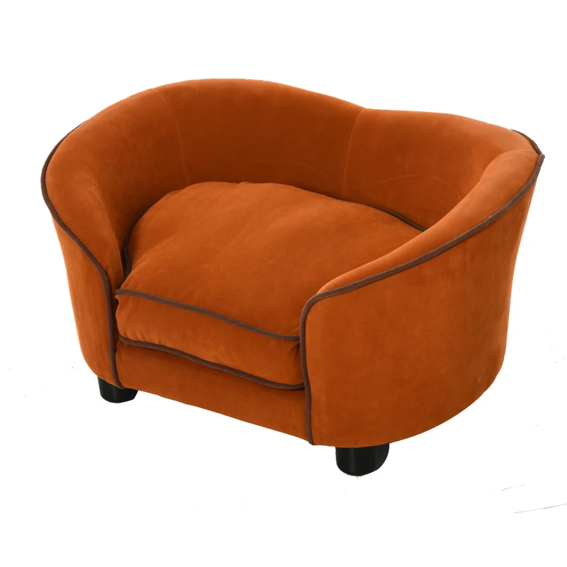 PawHut Haustiersofa, Hundebett, Hundesofa, Katzensofa, Katze Kissen, Naturholz+Plüsch, Braun, 70 x 51 x 37 cm
