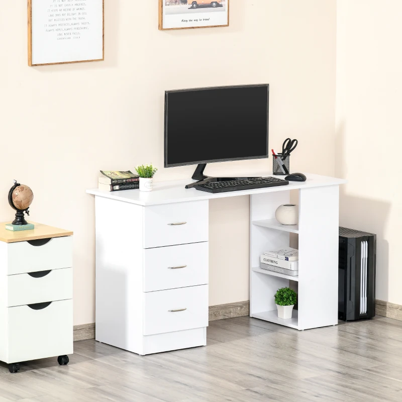 HOMCOM Birou modern cu 3 Sertare si Rafturi in Lemn Alb 120x49x72cm(m-12)