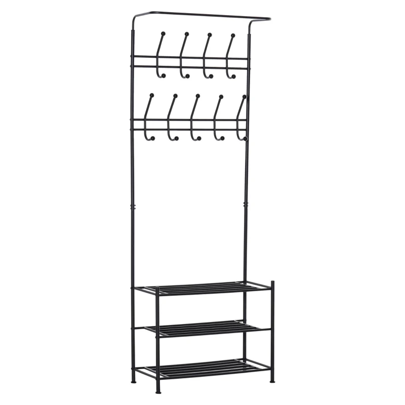 Homcom Cuier Banca pentru Hol cu Rafturi Pantofi in Otel, Negru, 67x30x185cm