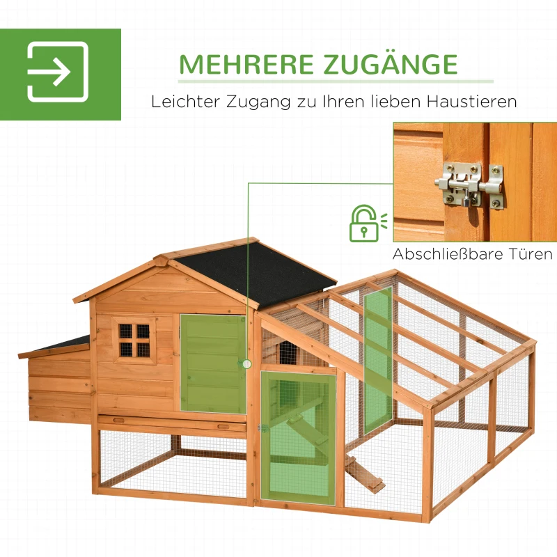 PawHut Zwerghühnerstall Zwerghühnerhaus mit Nistkasten Zwerghühnervoliere mit Asphaltdach Gehege Geflügelstall Wachtelstall winterfest Tannenholz Orange+Schwarz 185,5 x 176 x 99,5 cm