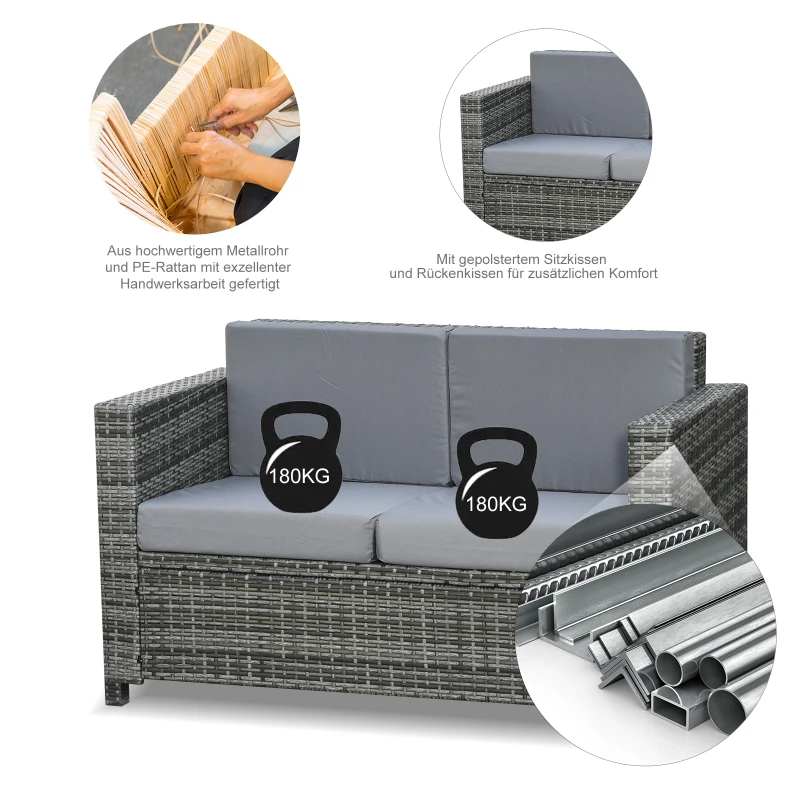 Outsunny Poly-Rattan Sofa with Cushions 2-Seater Garden Lounge Sofa Metal Polyester Gray 130 x 70 x 80 cm