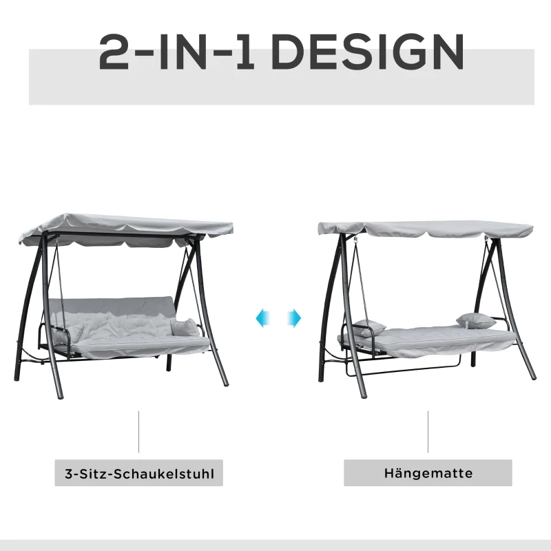 Outsunny huśtawka z dachem, huśtawka ogrodowa, Ławka bujana z funkcją leżenia, 3-osobowa, metal + poliester, biały, 209x114x170 cm