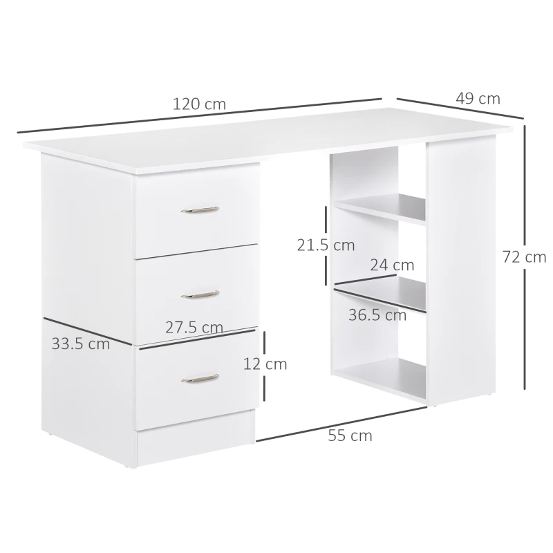 HOMCOM Birou modern cu 3 Sertare si Rafturi in Lemn Alb 120x49x72cm(m-3)