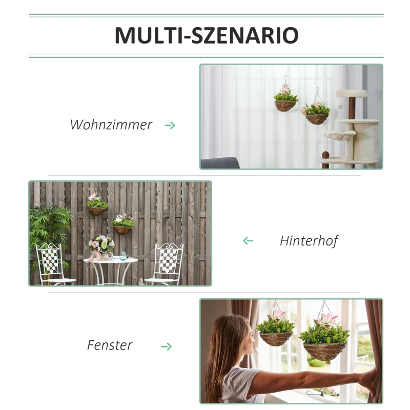 Outsunny 2 Künstliche Pflanzen Hängepflanze Clematis im Topf mit Haken Deko PE Rosa+Grün 30 x 30 x 32 cm