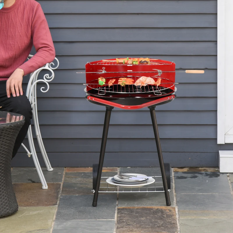 Outsunny Charcoal Outdoor Barbecue Grill, 2 Wheels, size (75.5H x 50L x 82W cm)-Red/Black