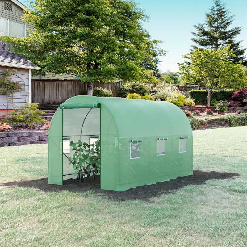 Outsunny Estufa Tipo Túnel de Jardim 350x200x200cm Estufa de Jardim com 6 Janelas Respiráveis e Porta Enrolável com Zíper para Cultivo de Plantas e Verduras Verde