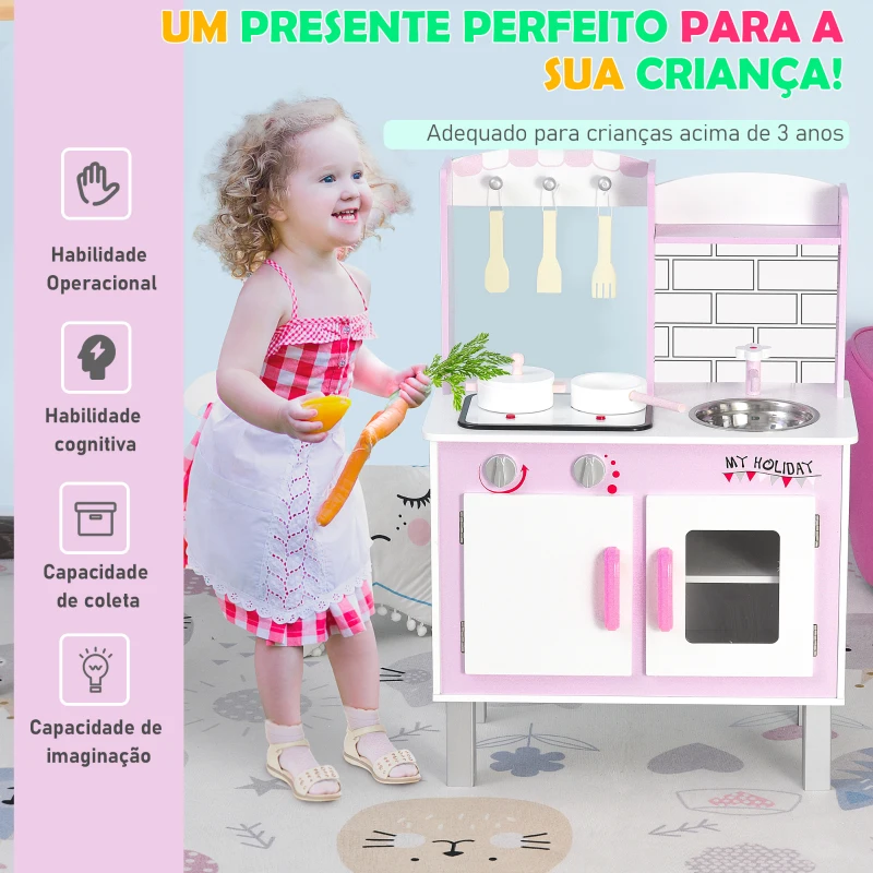 HOMCOM Cozinha  de brinquedo para crianças acima de 3 anos brinquedo educativo com espaço de armazenamento acessórios incluídos  som 55x 30x 80cm rosa