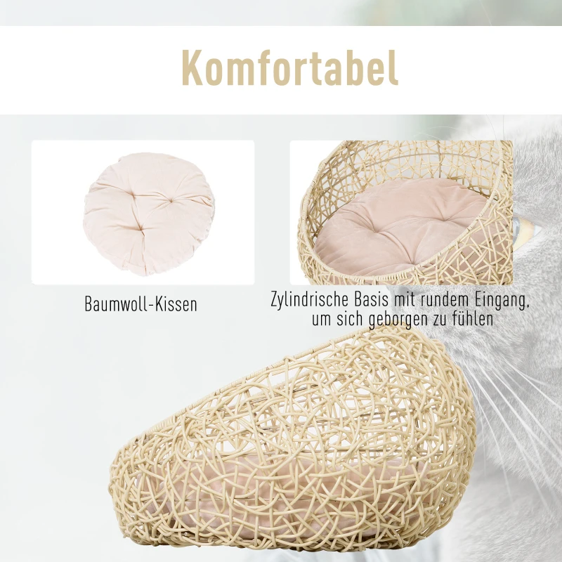 PawHut kattenhuis met kussen, kattenbed, PVC-rotan, beige