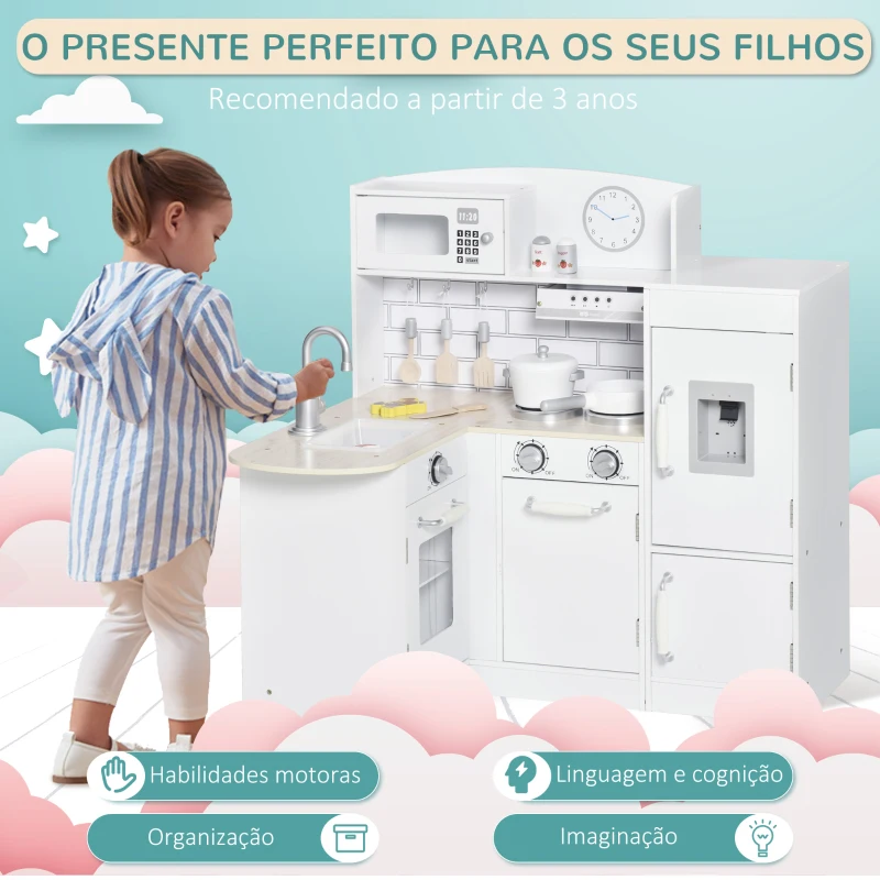 HOMCOM Cozinha de Brinquedo de Madeira para Crianças acima de 3 Anos Cozinha Infantil com Frigorífico Microondas Lavatório e 14 Acessórios 86x64x84,5cm Branco