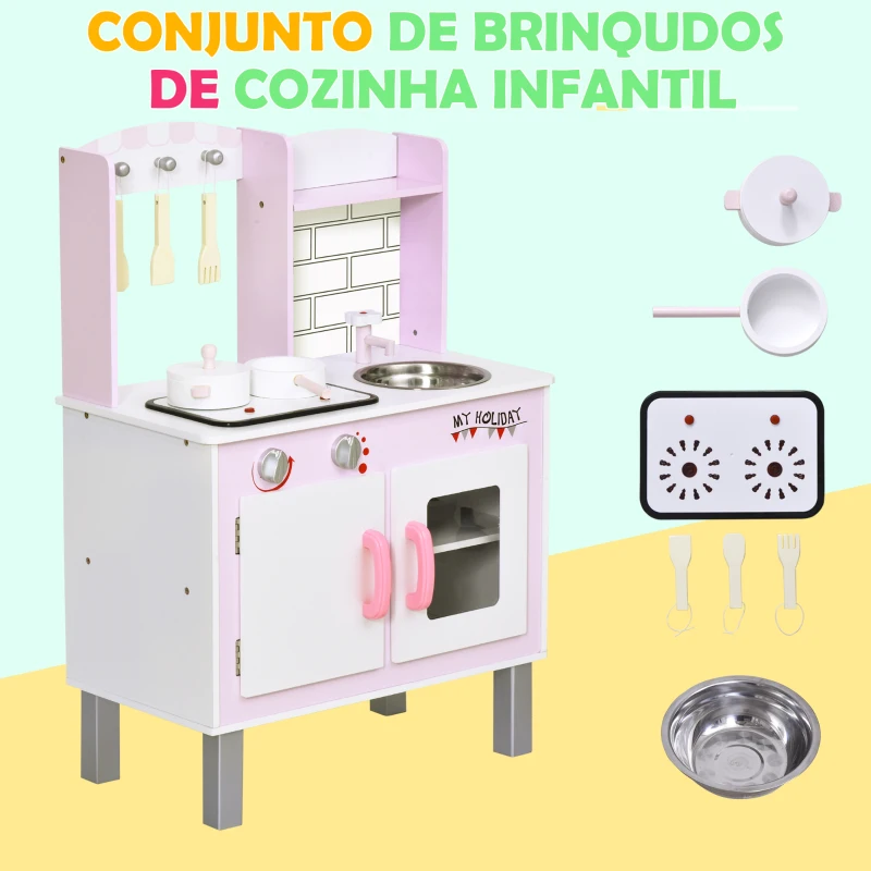 HOMCOM Cozinha  de brinquedo para crianças acima de 3 anos brinquedo educativo com espaço de armazenamento acessórios incluídos  som 55x 30x 80cm rosa