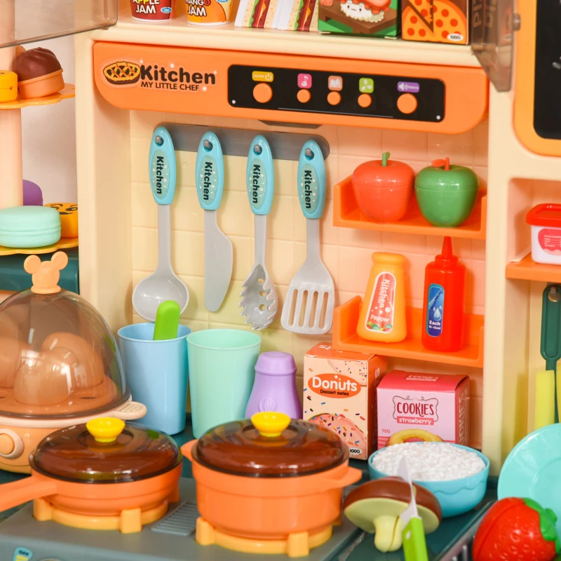 HOMCOM Cozinha de Brinquedo para Crianças de 3-6 Anos com Luz Sons Água Vapor Lousa 113 Acessórios Incluidos Cozinha Infantil Educativa 70x32x92,2cm Multicor