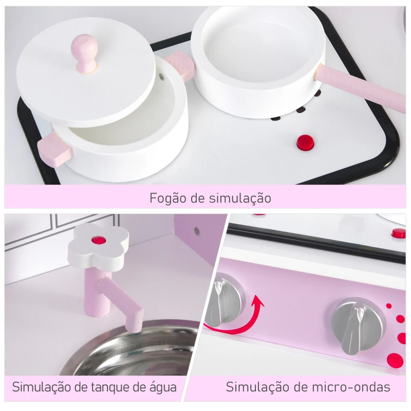 HOMCOM Cozinha  de brinquedo para crianças acima de 3 anos brinquedo educativo com espaço de armazenamento acessórios incluídos  som 55x 30x 80cm rosa