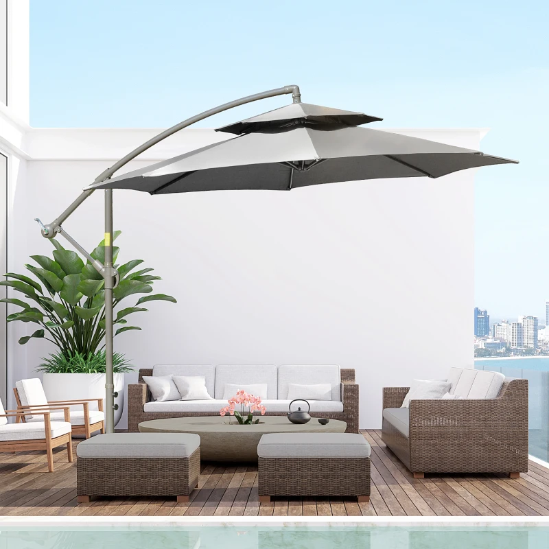 Outsunny Parasol 2,7 m Vrijdragende Parasol met Kruisvoet Staal Buiten Lichtgrijs