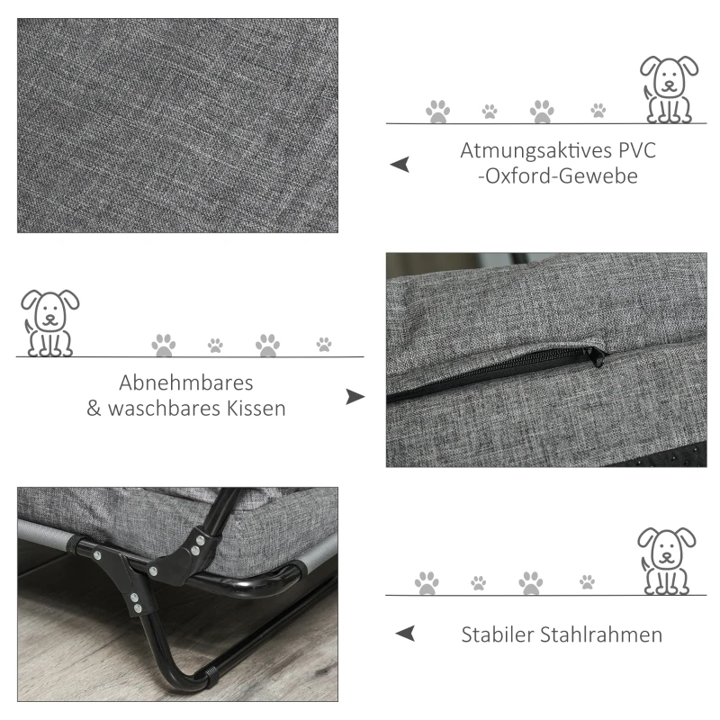 Legowisko dla psa PawHut 2 w 1 zewnętrzna sofa dla zwierząt domowych ze stalową ramą podwyższona sofa dla psa miejsce do spania dla kotów psów przewiewne zdejmowana tkanina oxford kolor szary 80 x 59 x 36 cm