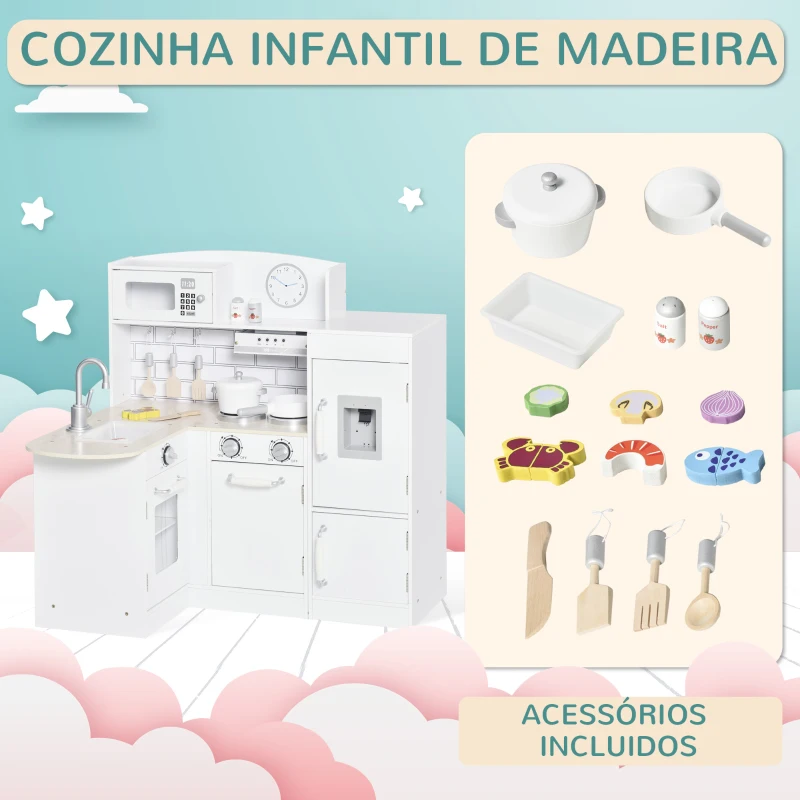 HOMCOM Cozinha de Brinquedo de Madeira para Crianças acima de 3 Anos Cozinha Infantil com Frigorífico Microondas Lavatório e 14 Acessórios 86x64x84,5cm Branco