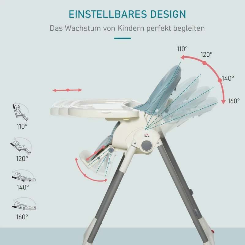 HOMCOM hoge babystoel kinderstoel verstelbaar en inklapbaar voor 6-36 maanden PP staal blauw
