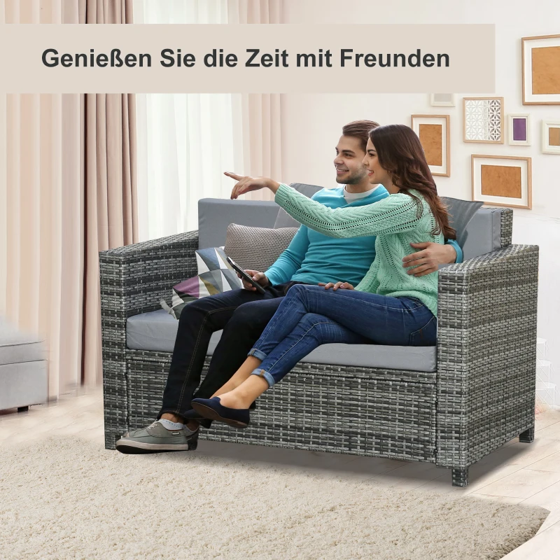 Outsunny Poly-rotan bank met kussens 2-zits loungebank tuin metaal polyester grijs