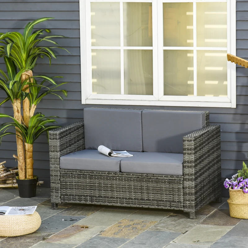 Outsunny Poly-rotan bank met kussens 2-zits loungebank tuin metaal polyester grijs