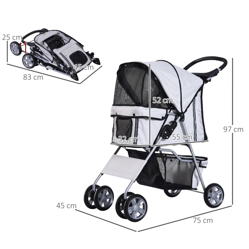 PawHut Carucior Pliabil pentru Caini 75×45×97 cm – Gri