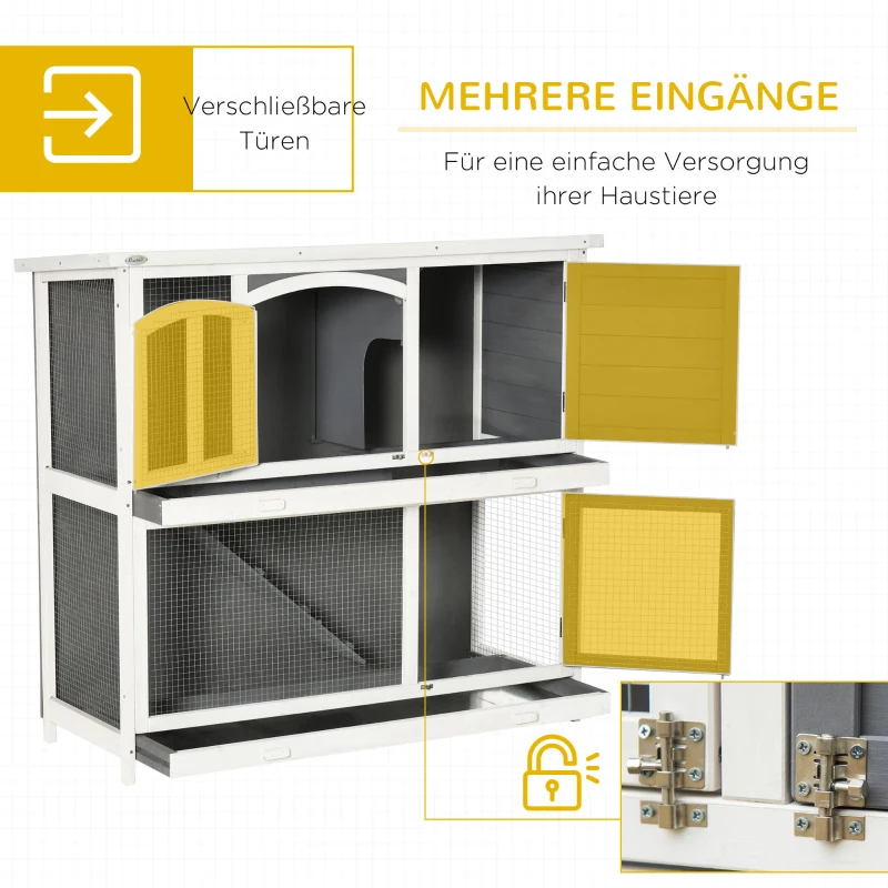 Pawhut hok voor kleine dieren Kooi voor kleine dieren met bodempan en oprit cavia hok cavia kooi 2 verdiepingen klein dierenhok dennenhout wit + grijs 117 x 49 x 108 cm