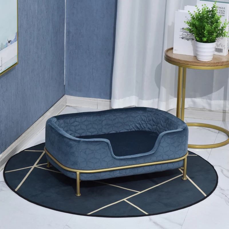 PawHut hondenbank met rugleuning huisdierenbank met metalen poten hondenbed zachte bekleding kattenbank blauw+goud 63,5 x 43 x 24,5 cm